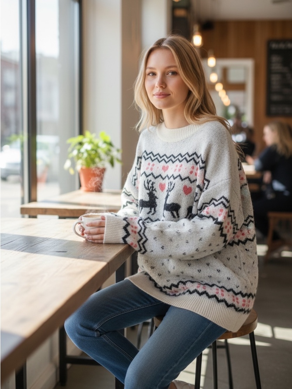BiBi Cream Fair Isle Reindeer Crewneck Sweater with Pink & Black Accents